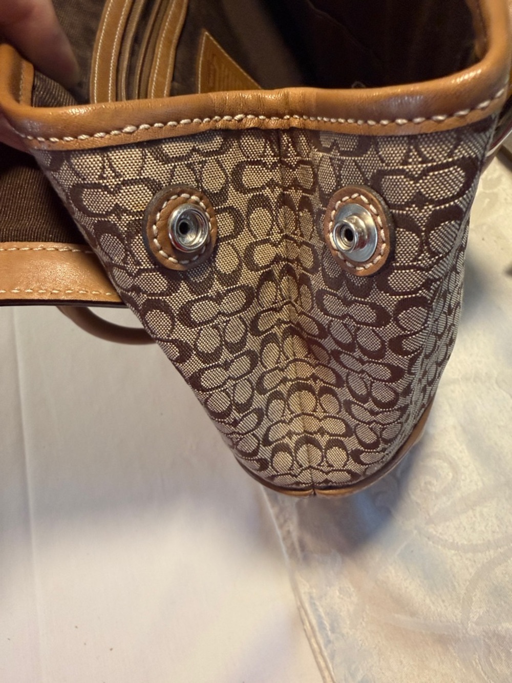 Coach Brown Signature Canvas Shoulder Satchel with Tan Leather Trim - Picture 12 of 13